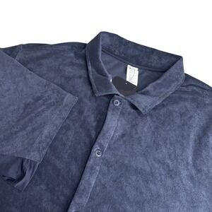 Fabletics The Island Terry Button Up Mens XXL Classic Navy Blue Short Sleeve NWT